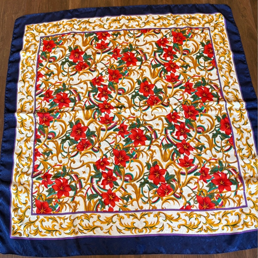 Vintage Baroque Gold Scroll Floral Silk Feel Square Scarf Navy